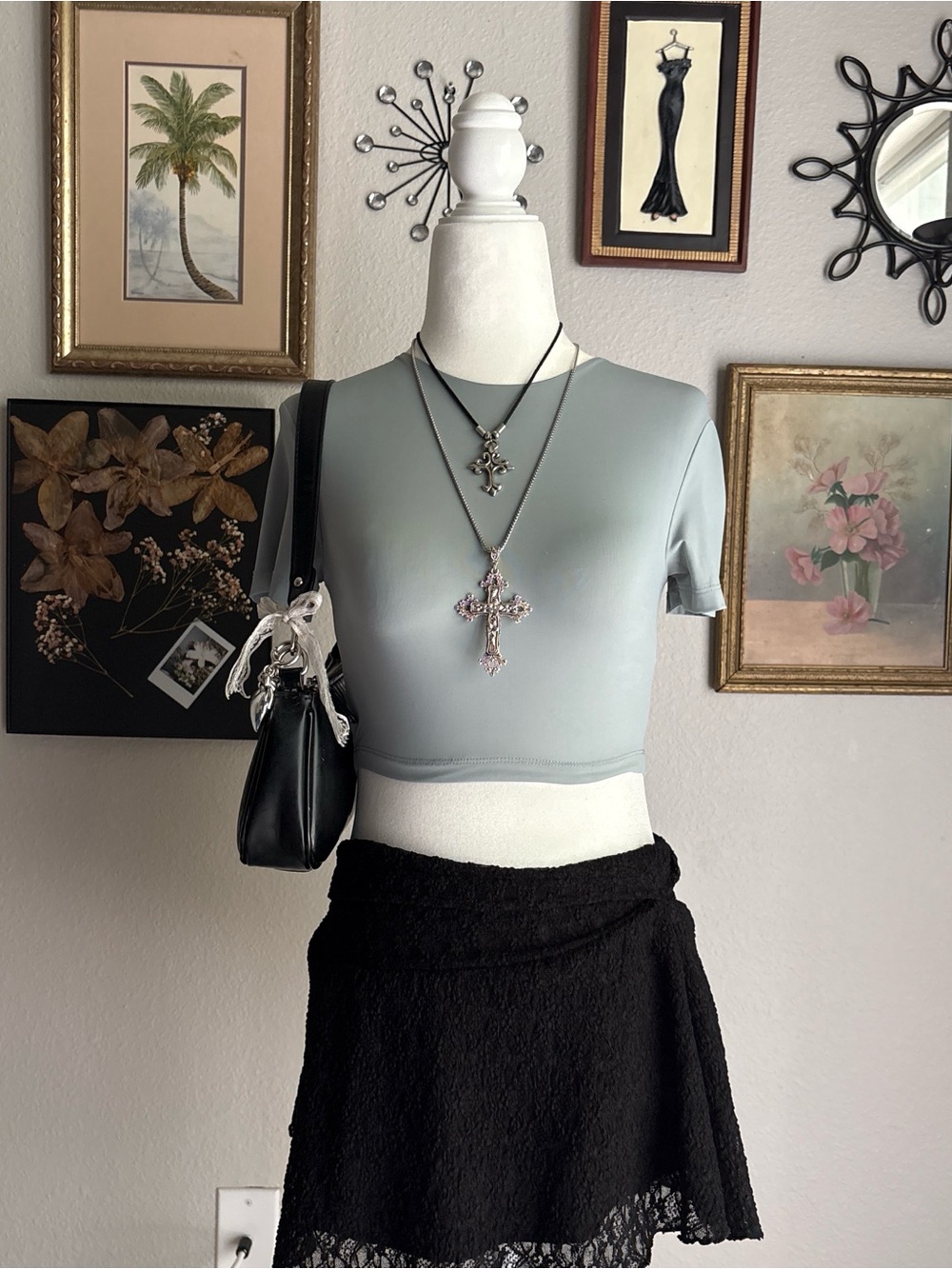Zara Sage light blue/grey Cropped Short-Sleeve Top